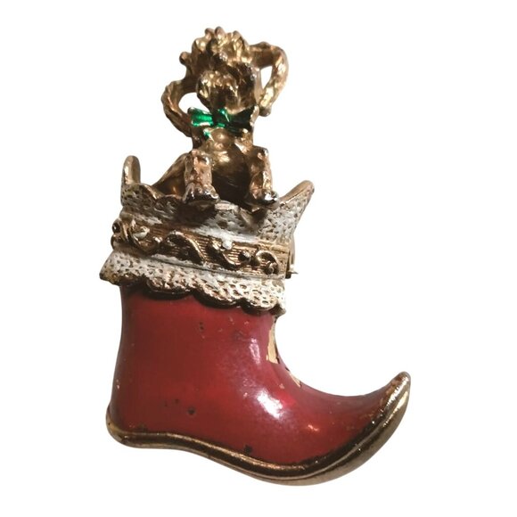 Poodle Boot Pin Brooch Dog Puppy Vintage Christmas Holiday Jewelry - Picture 4 of 5